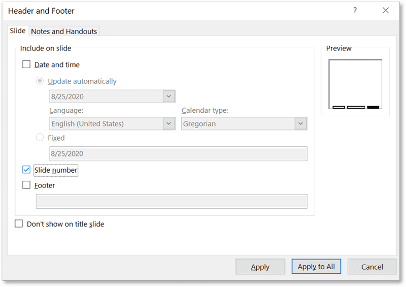 slide numbering from Insert > Slide Number